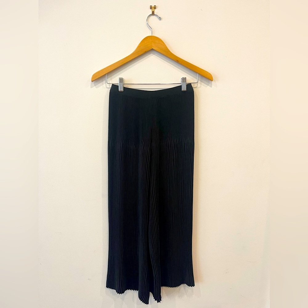Black flow-y, bouncy, pleated goucho style pants.